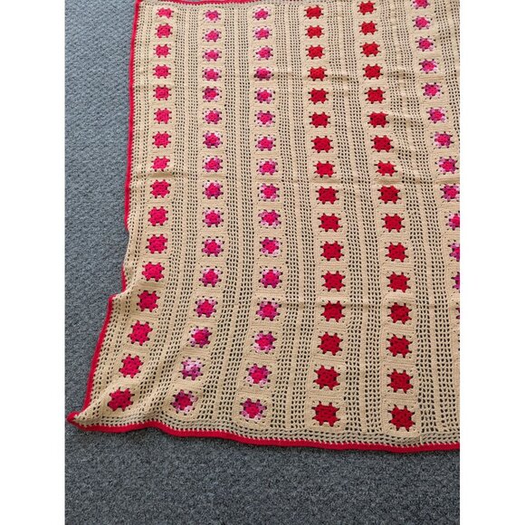 Hand Made Crochet Knit Afghan Throw Lap Blanket 64" x 60" Tan Pink Red - Picture 4 of 6